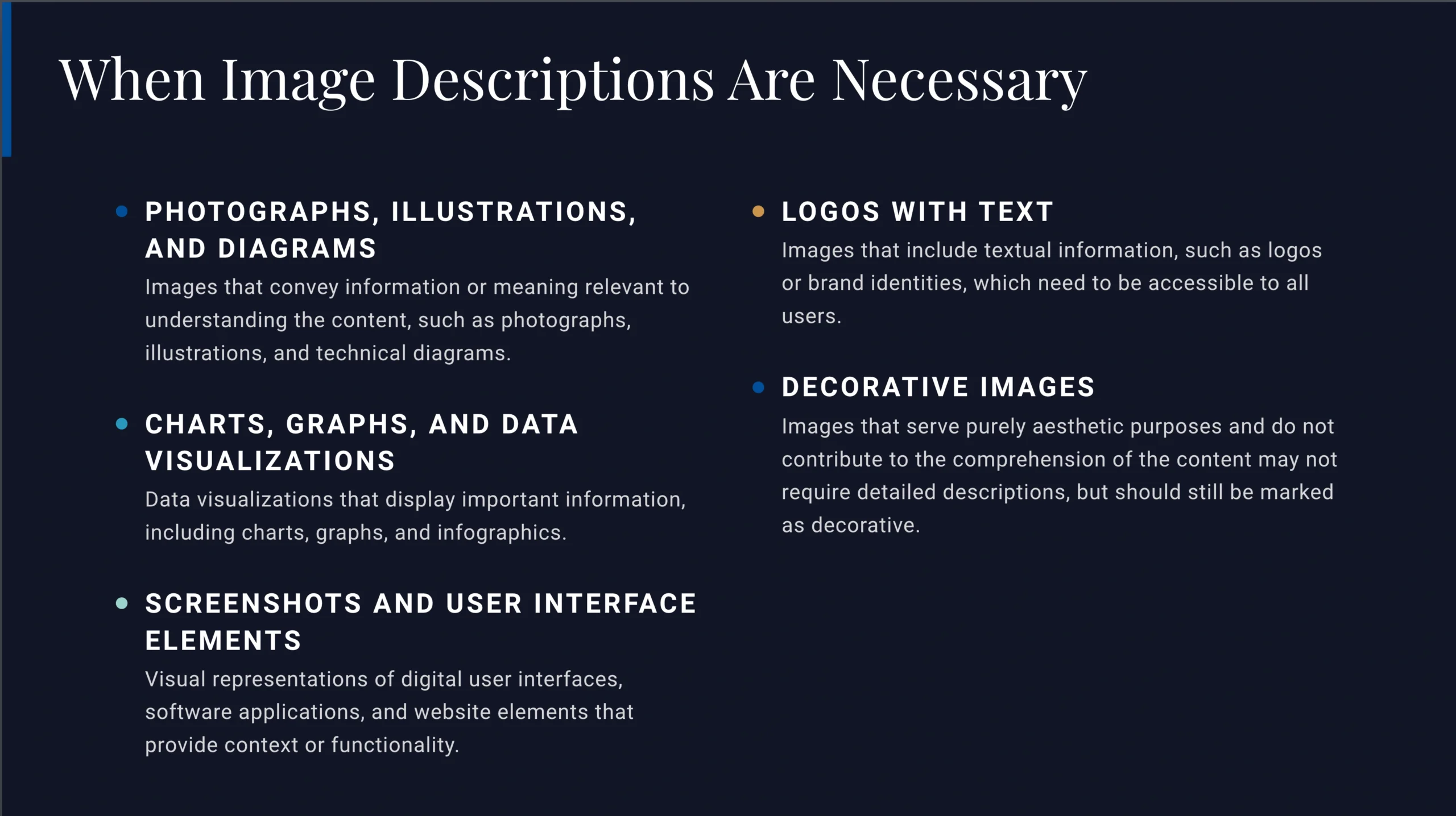 A dark-themed slide titled"When Image Descriptions Are Necessary" highlights scenarios such as photos, diagrams, charts, screenshots, logos with text, and decorative images that require clear image descriptions.
