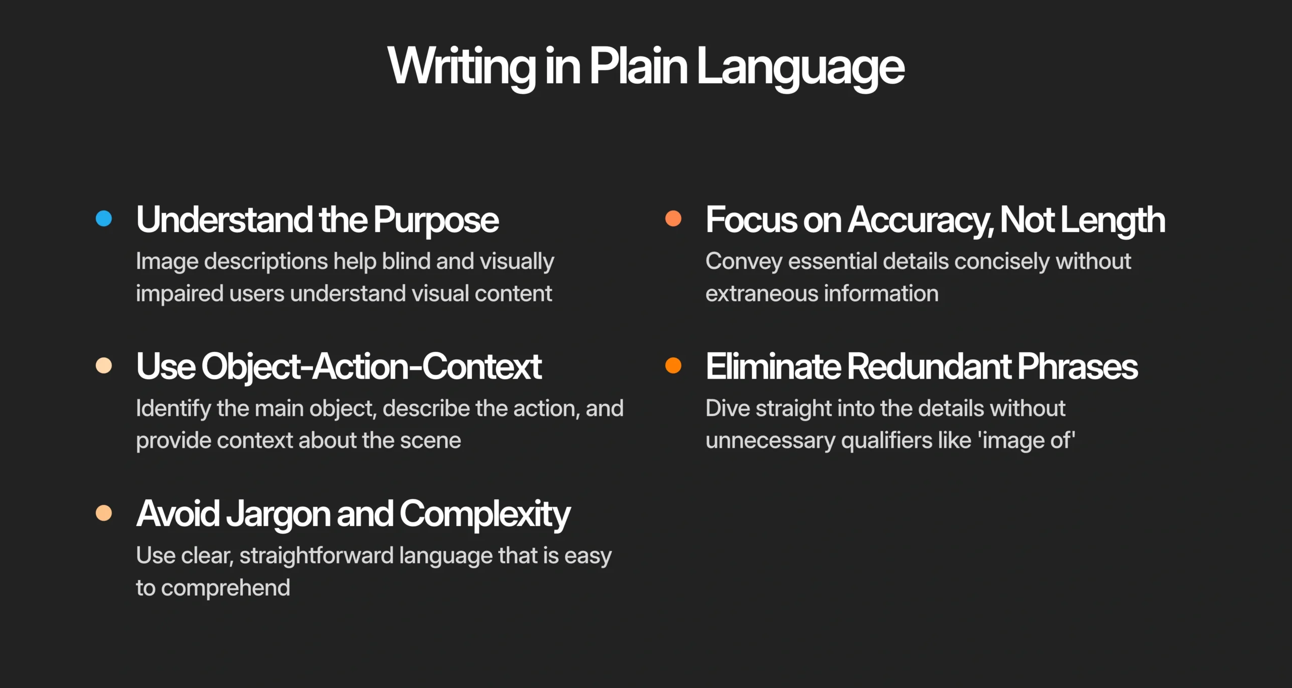 A slide titled"Writing in Plain Language" lists six tips for clear writing, covering purpose, context, accuracy, reducing redundancy, and avoiding jargon and complexity.