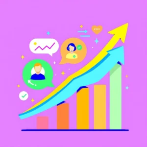 Colorful graphic depicting growth trends with chat bubbles and user icons.