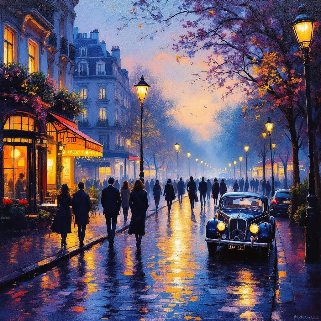 A city street at dusk with people walking, lit street lamps, a vintage car parked on wet cobblestones, and cafes with glowing windows on the left—perfect for vivid Image Descriptions.