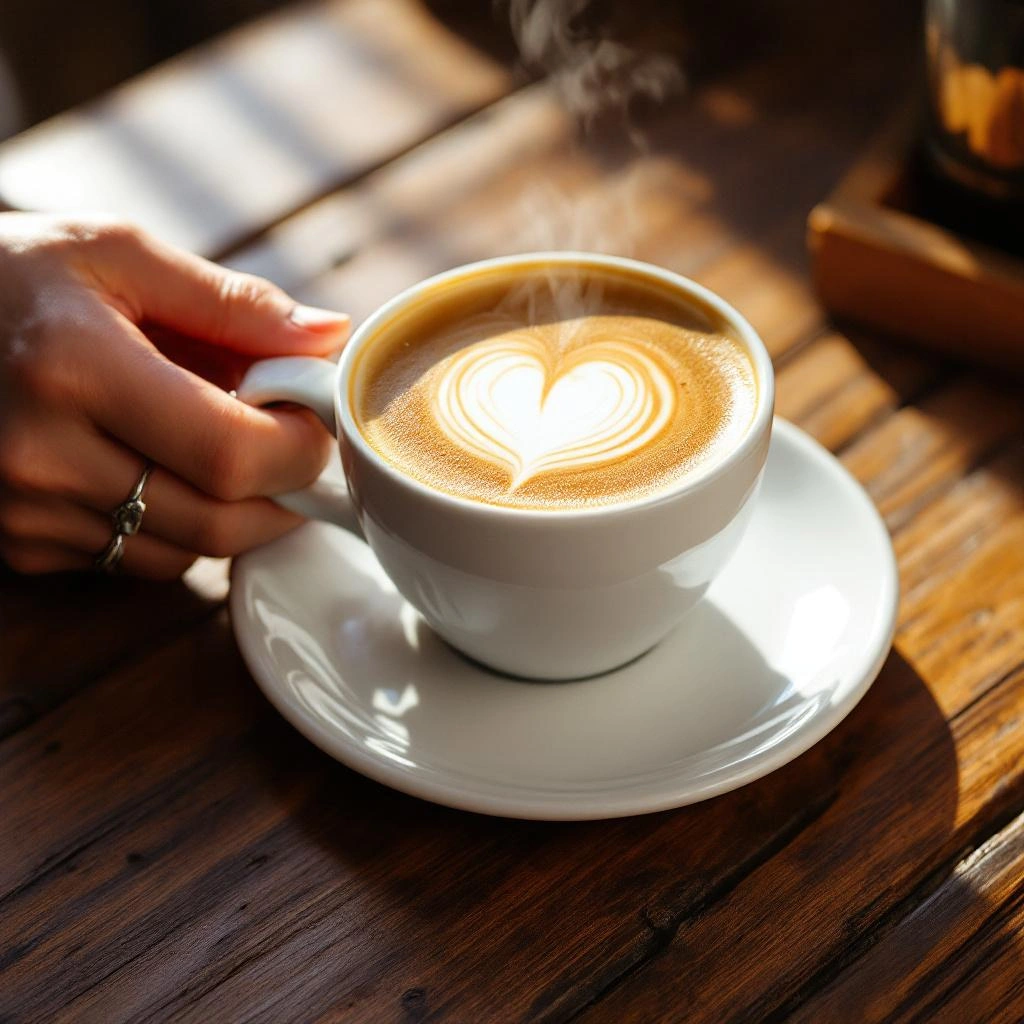 A person holds a white cup of coffee with heart-shaped latte art on a saucer, placed on a wooden table with sunlight streaming in—perfect for detailed image descriptions.