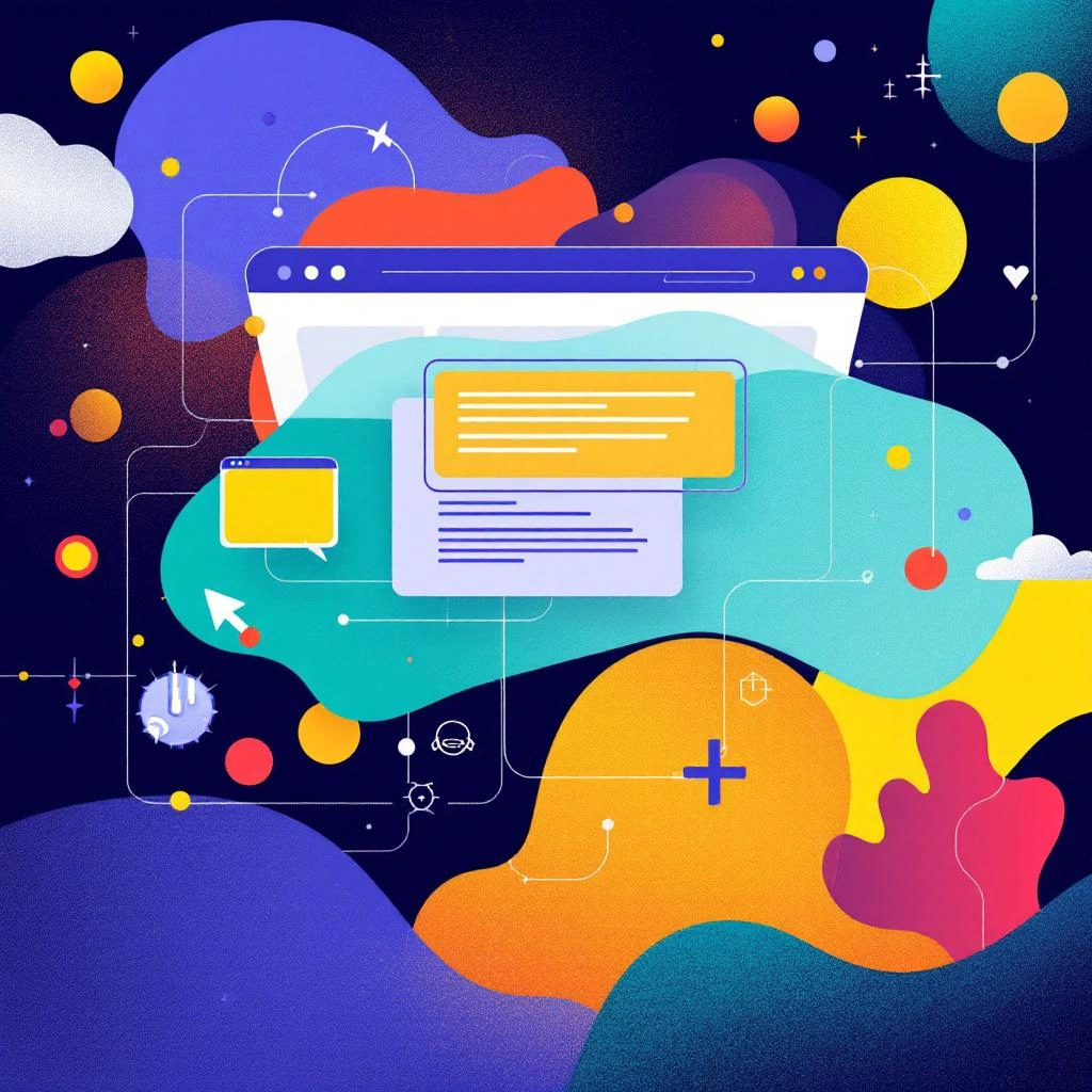 Abstract illustration of computer windows, icons, and digital elements interconnected on a colorful, cloud-like background, symbolizing online networks, digital communication, and the importance of digital accessibility.